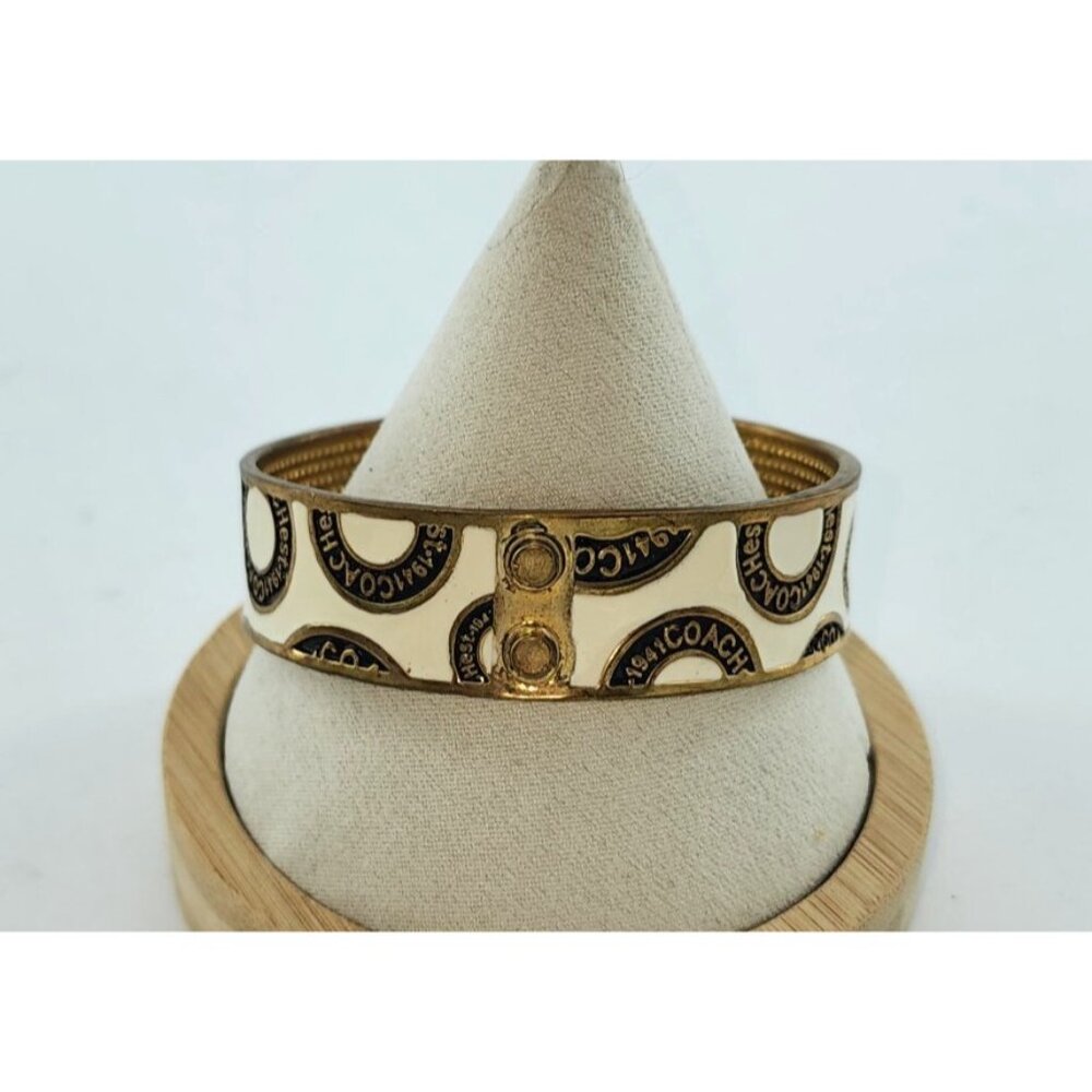 Coach Chunky Bangle Bracelet Gold Tone/Black Ivory Enamel‎ Signature "C" .75"